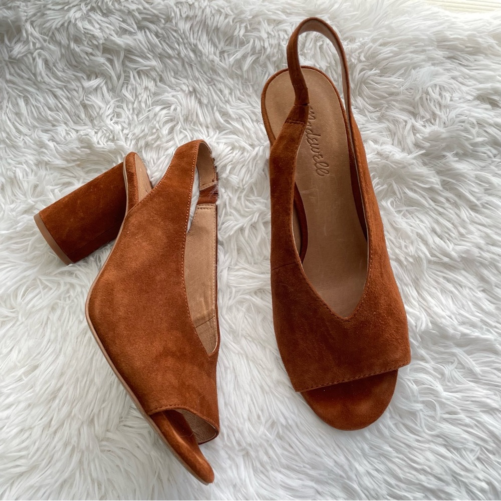 Madewell The Alana Slingback Suede open toe Sandals Cognac Brown Heels Sz 8.5